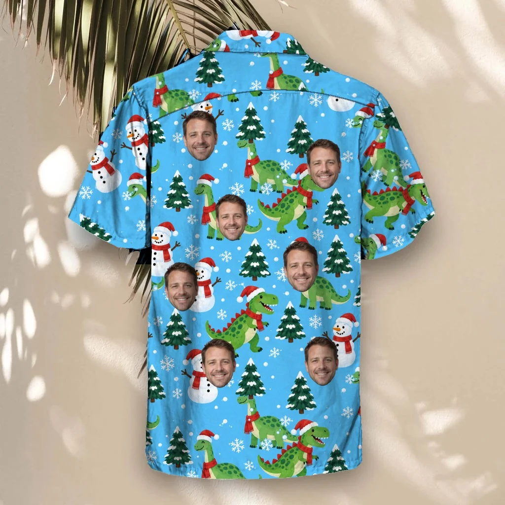 Back of the Snowy Dino Christmas Hawaiian Shirt with custom faces Back of the Snowy Dino Christmas Hawaiian Shirt with custom faces