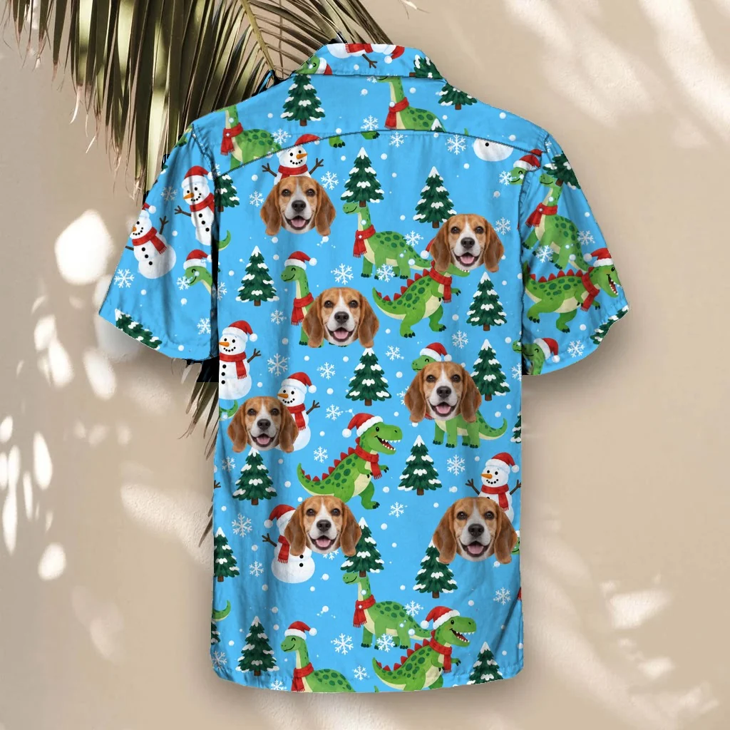 Back of the Snowy Dino Christmas Hawaiian Shirt with custom pet faces Back of the Snowy Dino Christmas Hawaiian Shirt with custom pet faces