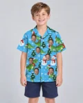Snowy Dino Christmas Hawaiian Shirt, front view of the print