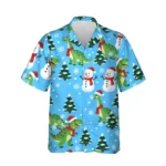 Snowy Dino Christmas Hawaiian Shirt, front view of the print