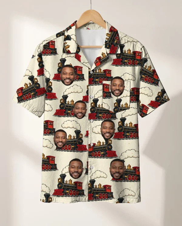 Steam Locomotive Train Hawaiian Shirt personalized with faces, on a hanger