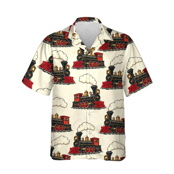 Steam Locomotive Train Hawaiian Shirt, front view of the print