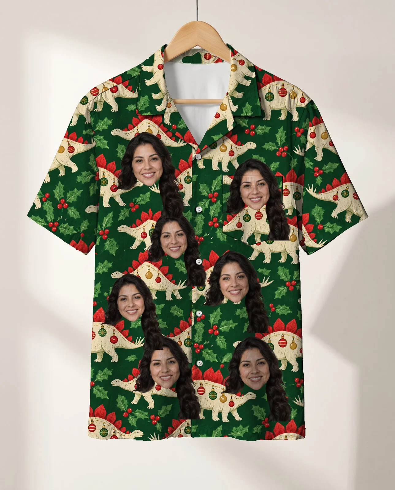Stegosaurus Ornament Dinosaur Christmas Hawaiian Shirt personalized with faces, on a hanger Stegosaurus Ornament Dinosaur Christmas Hawaiian Shirt personalized with faces, on a hanger