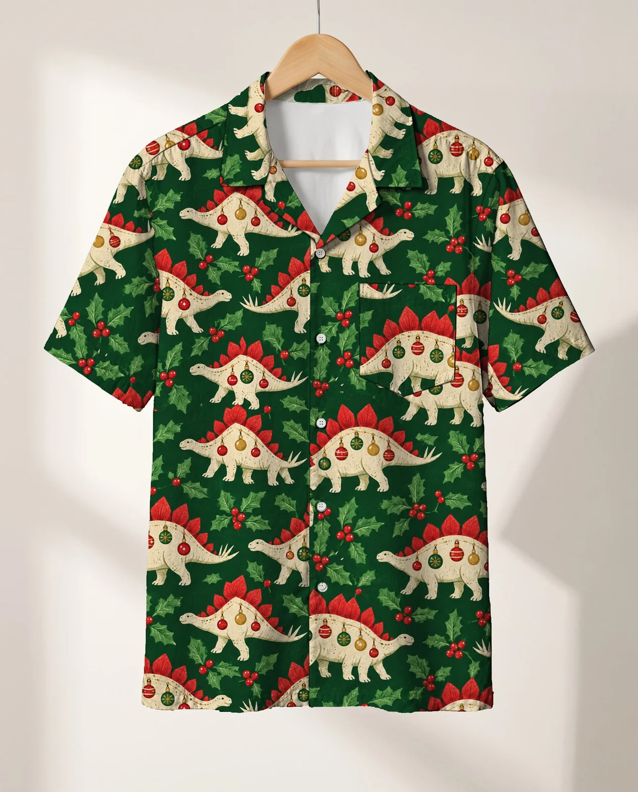 Stegosaurus Ornament Dinosaur Christmas Hawaiian Shirt on a hanger Stegosaurus Ornament Dinosaur Christmas Hawaiian Shirt on a hanger