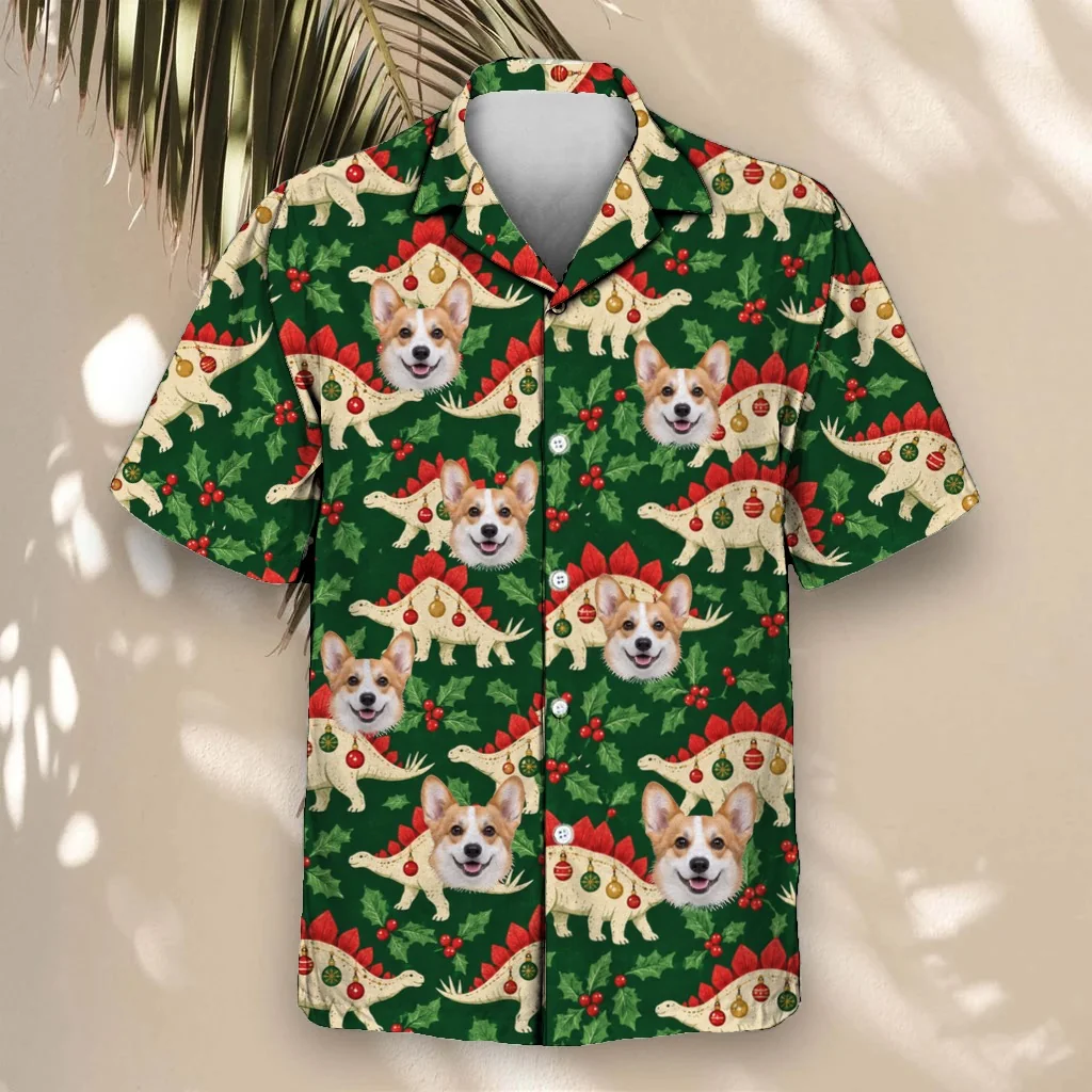 Stegosaurus Ornament Dinosaur Christmas Hawaiian Shirt with custom pet faces Stegosaurus Ornament Dinosaur Christmas Hawaiian Shirt with custom pet faces