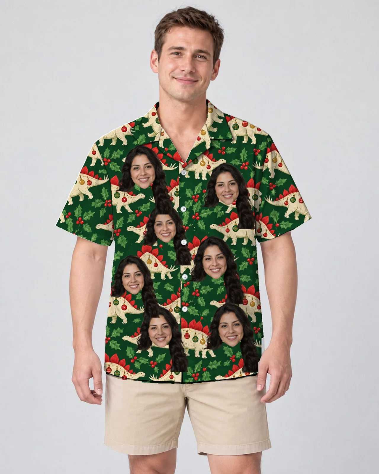 Man wearing the Stegosaurus Ornament Dinosaur Christmas Hawaiian Shirt with custom faces Man wearing the Stegosaurus Ornament Dinosaur Christmas Hawaiian Shirt with custom faces
