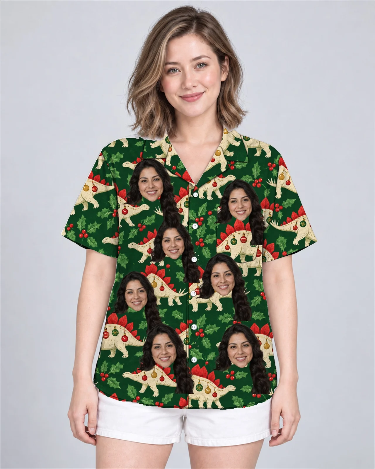 Woman wearing the Stegosaurus Ornament Dinosaur Christmas Hawaiian Shirt with custom faces Woman wearing the Stegosaurus Ornament Dinosaur Christmas Hawaiian Shirt with custom faces