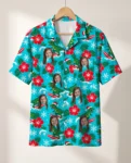 Surfing T Rex Santa Dinosaur Christmas Hawaiian Shirt, front view of the print