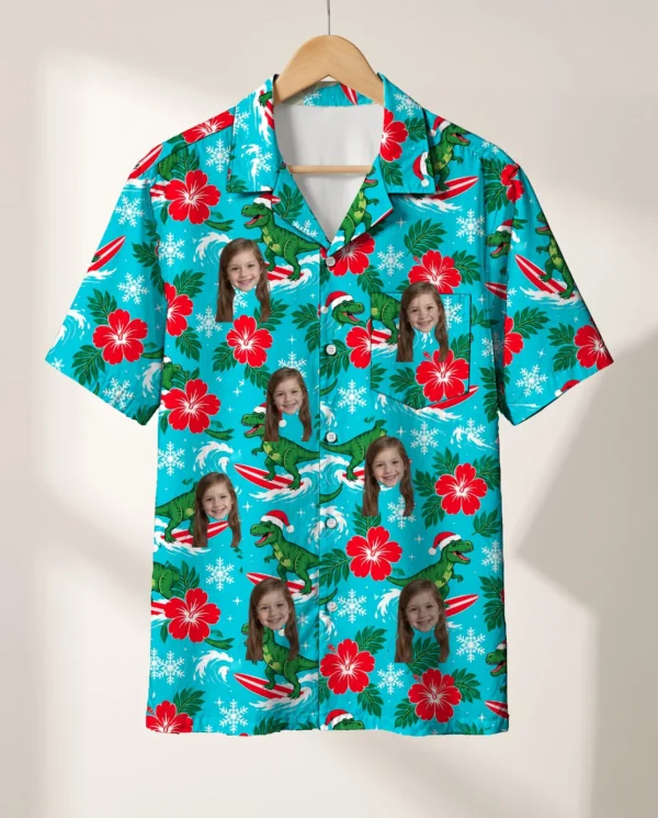 Surfing T-Rex Santa Dinosaur Christmas Hawaiian Shirt personalized with faces, on a hanger