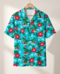 Surfing T Rex Santa Dinosaur Christmas Hawaiian Shirt, front view of the print