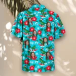 Surfing T Rex Santa Dinosaur Christmas Hawaiian Shirt, front view of the print