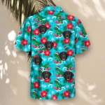 Surfing T Rex Santa Dinosaur Christmas Hawaiian Shirt, front view of the print