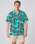 Surfing T Rex Santa Dinosaur Christmas Hawaiian Shirt, front view of the print