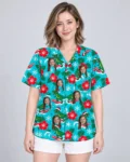 Surfing T Rex Santa Dinosaur Christmas Hawaiian Shirt, front view of the print