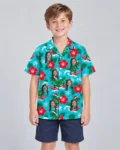 Surfing T Rex Santa Dinosaur Christmas Hawaiian Shirt, front view of the print