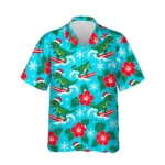 Surfing T Rex Santa Dinosaur Christmas Hawaiian Shirt, front view of the print