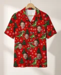 T Rex Santa Dinosaur Christmas Hawaiian Shirt, front view of the print