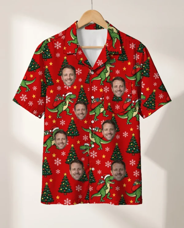T-Rex Santa Dinosaur Christmas Hawaiian Shirt personalized with faces, on a hanger