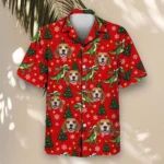 T Rex Santa Dinosaur Christmas Hawaiian Shirt, front view of the print