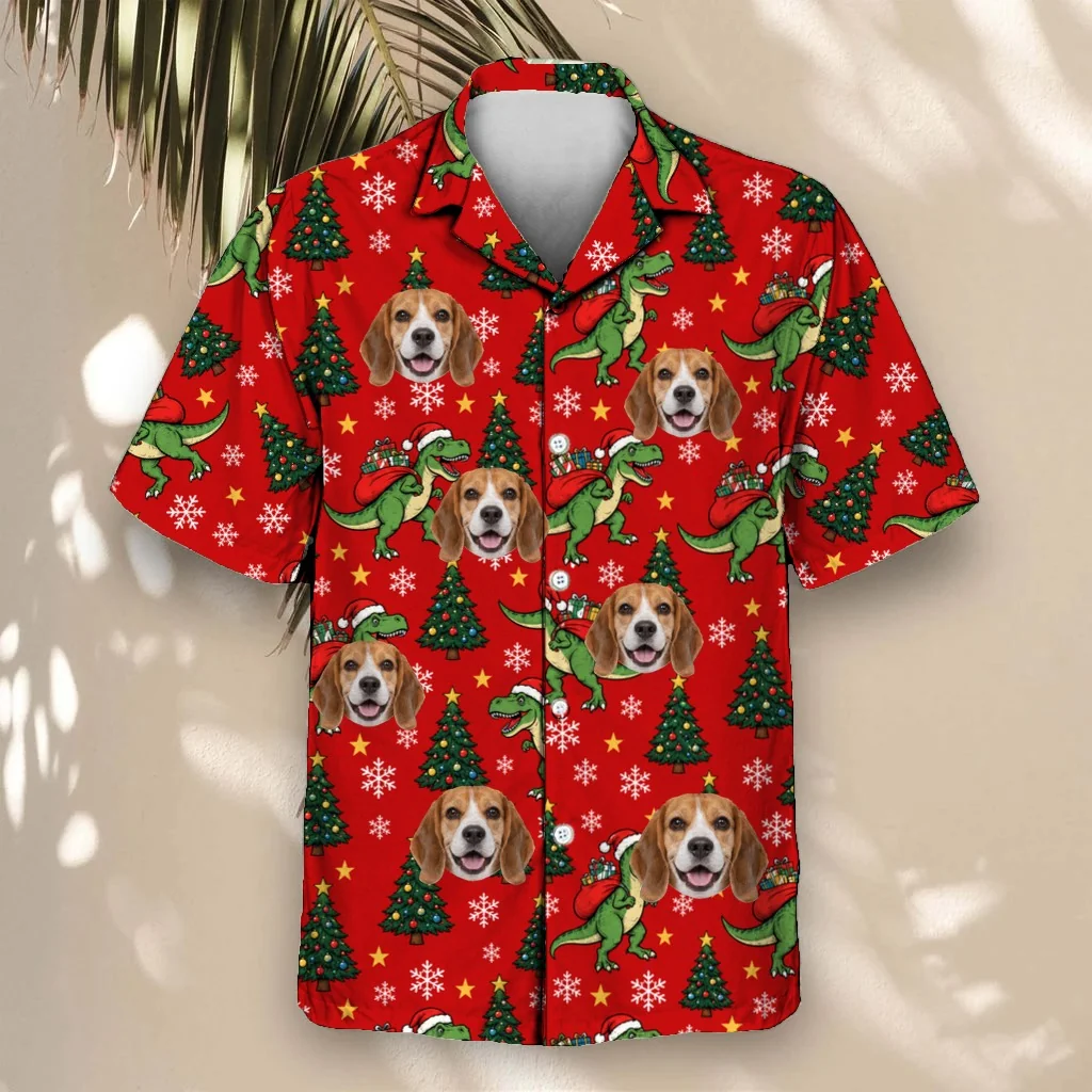 T Rex Santa Dinosaur Christmas Hawaiian Shirt with custom pet faces T-Rex Santa Dinosaur Christmas Hawaiian Shirt with custom pet faces