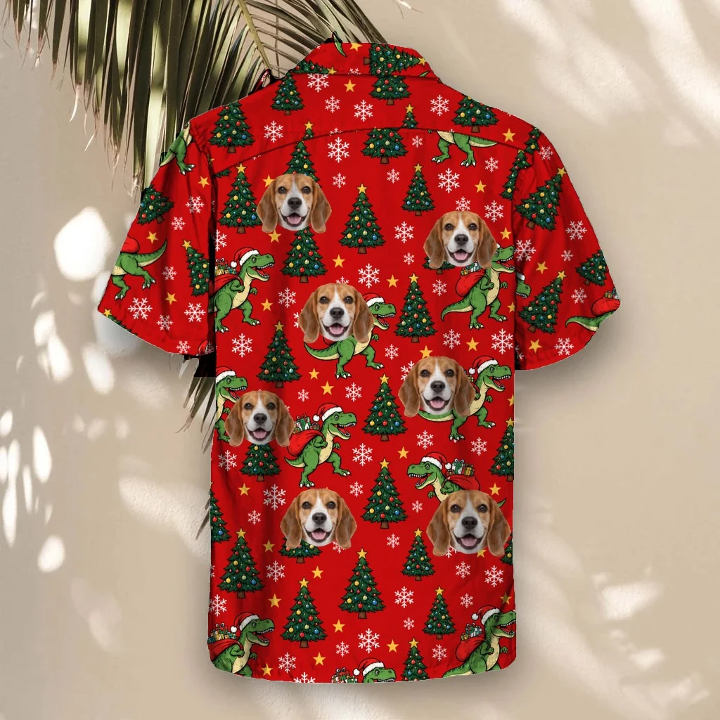Back of the T Rex Santa Dinosaur Christmas Hawaiian Shirt with custom pet faces Back of the T-Rex Santa Dinosaur Christmas Hawaiian Shirt with custom pet faces