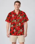 T Rex Santa Dinosaur Christmas Hawaiian Shirt, front view of the print