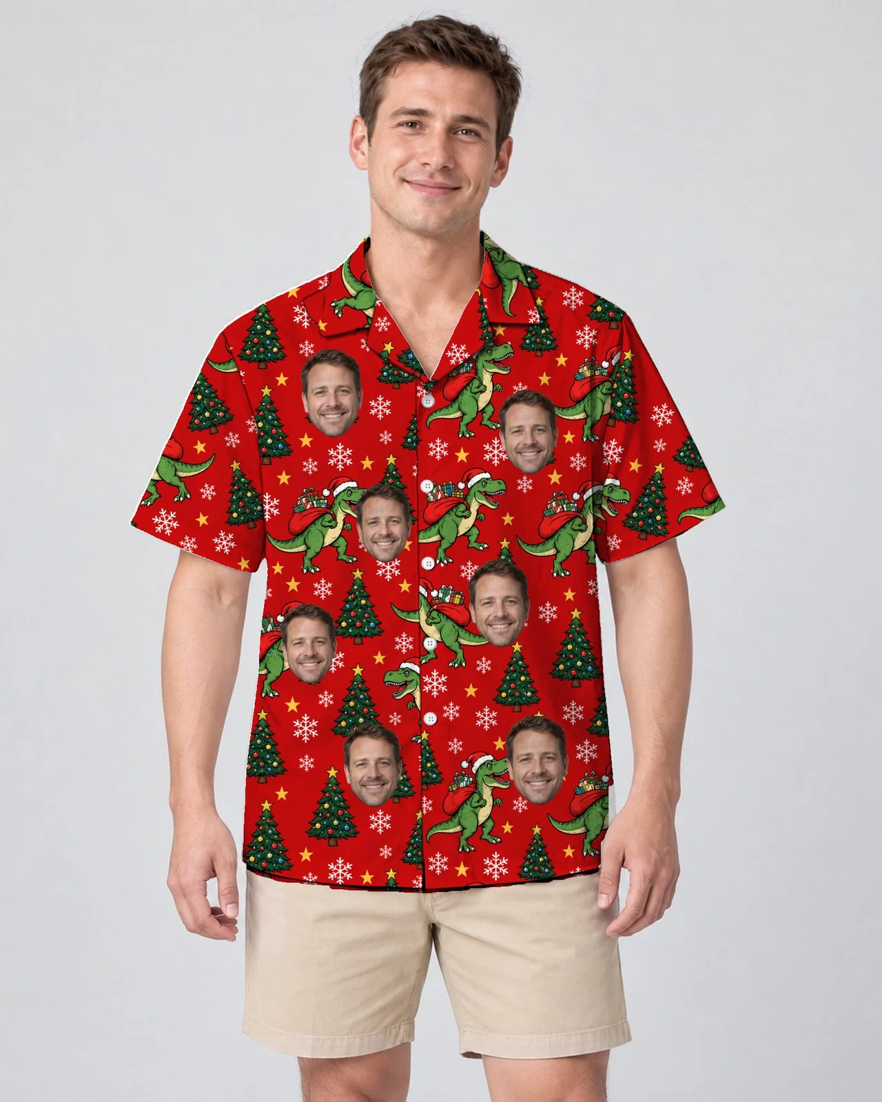 Man wearing the T Rex Santa Dinosaur Christmas Hawaiian Shirt with custom faces Man wearing the T-Rex Santa Dinosaur Christmas Hawaiian Shirt with custom faces