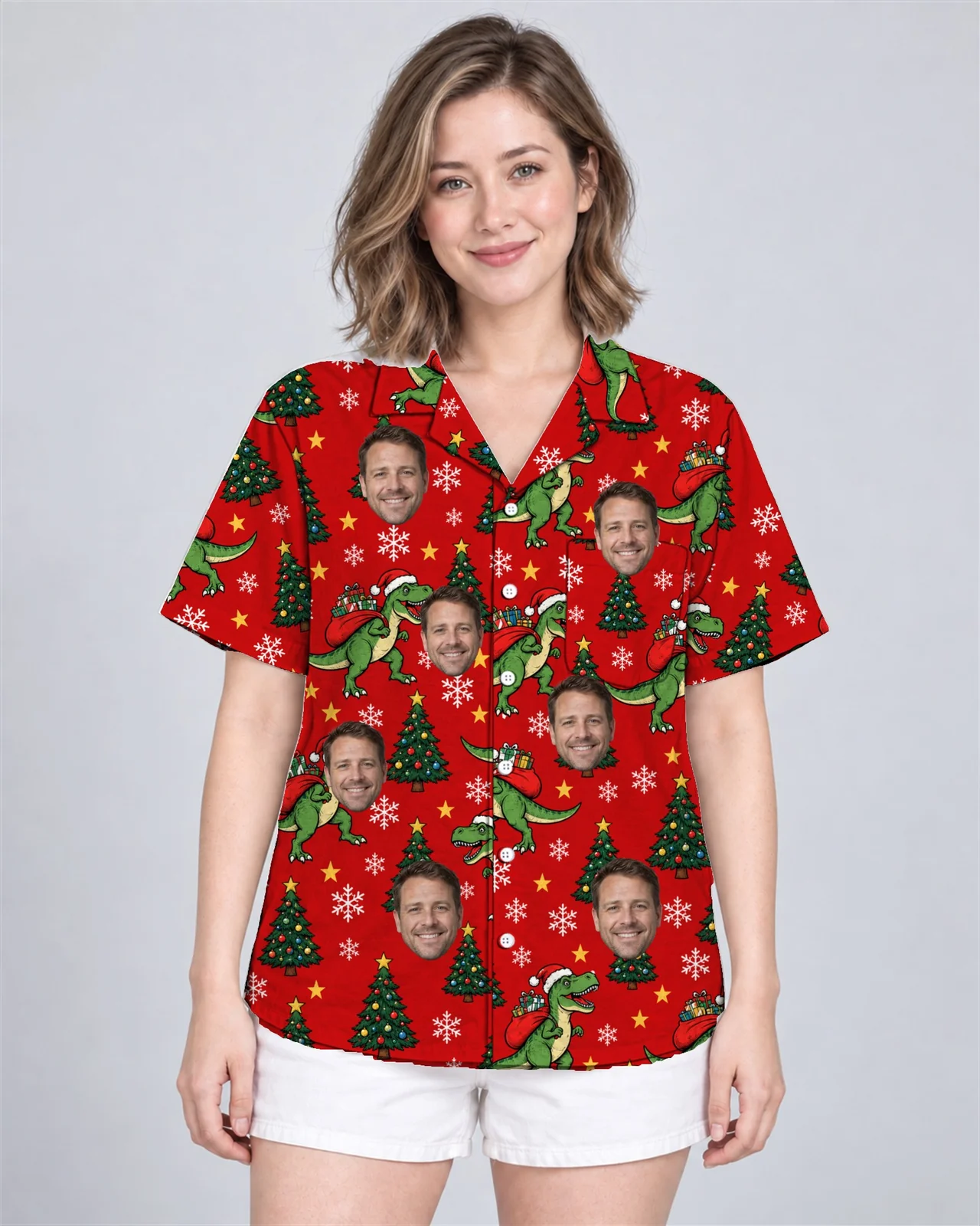 Woman wearing the T Rex Santa Dinosaur Christmas Hawaiian Shirt with custom faces Woman wearing the T-Rex Santa Dinosaur Christmas Hawaiian Shirt with custom faces