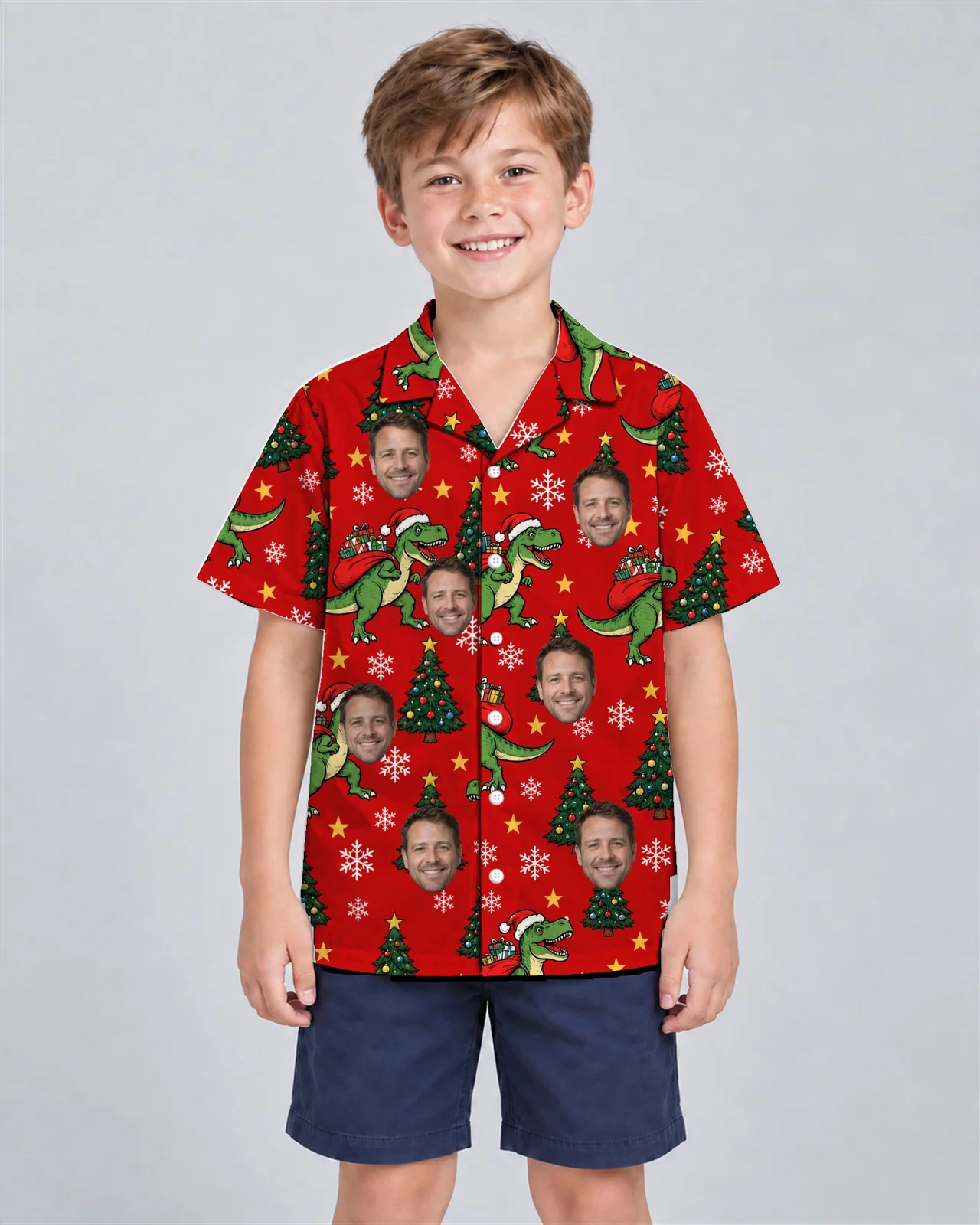 Kid wearing the T Rex Santa Dinosaur Christmas Hawaiian Shirt with custom faces Kid wearing the T-Rex Santa Dinosaur Christmas Hawaiian Shirt with custom faces