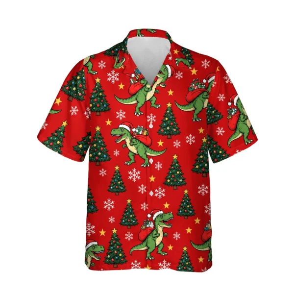 T-Rex Santa Dinosaur Christmas Hawaiian Shirt, front view of the print