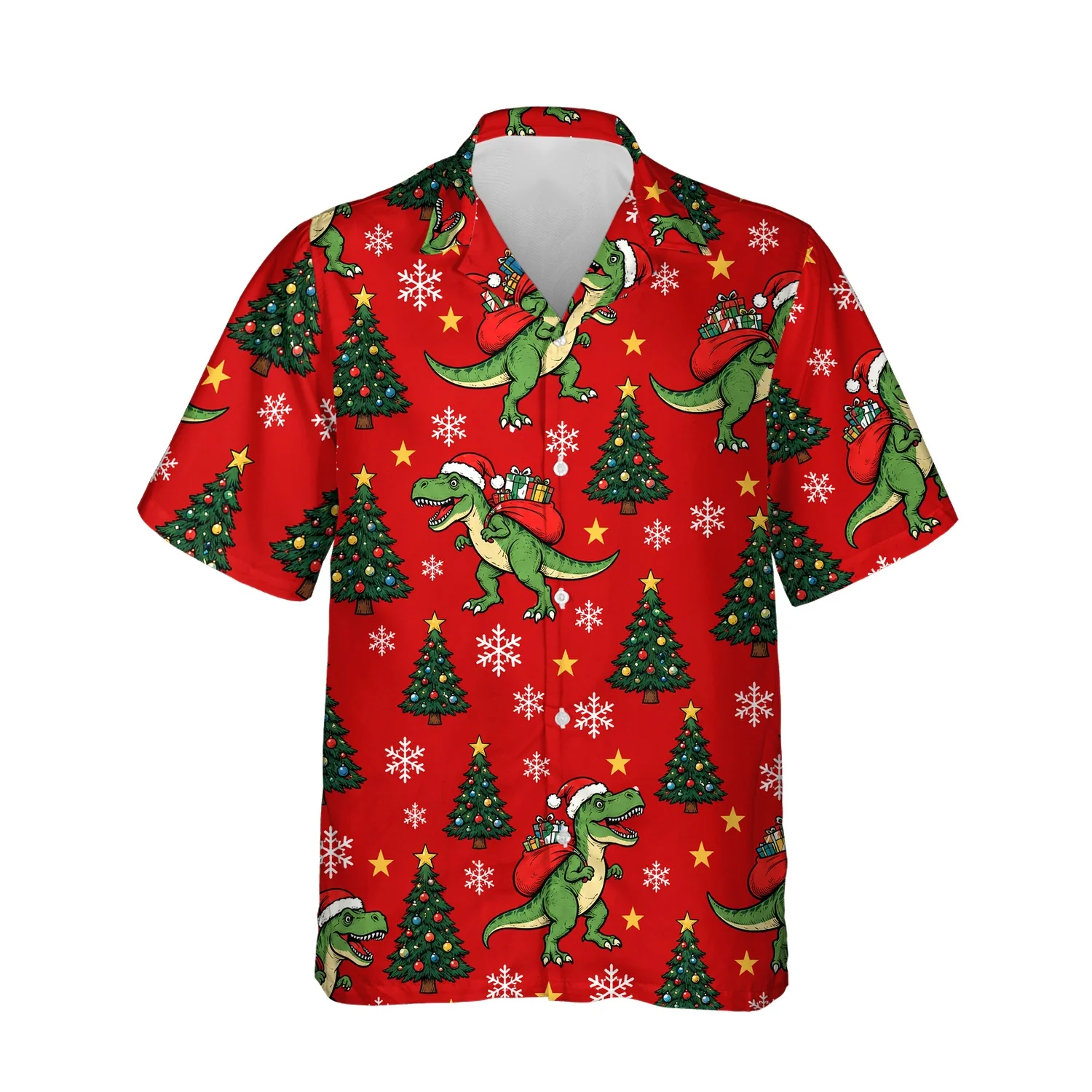 T Rex Santa Dinosaur Christmas Hawaiian Shirt, front view of the print T-Rex Santa Dinosaur Christmas Hawaiian Shirt, front view of the print