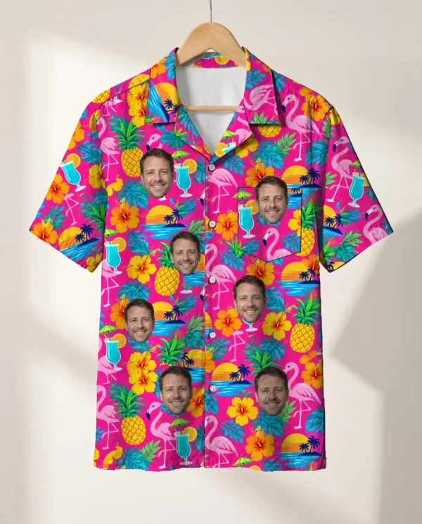 Tacky Tourist Ugly Hawaiian Shirt personalized with faces, on a hanger