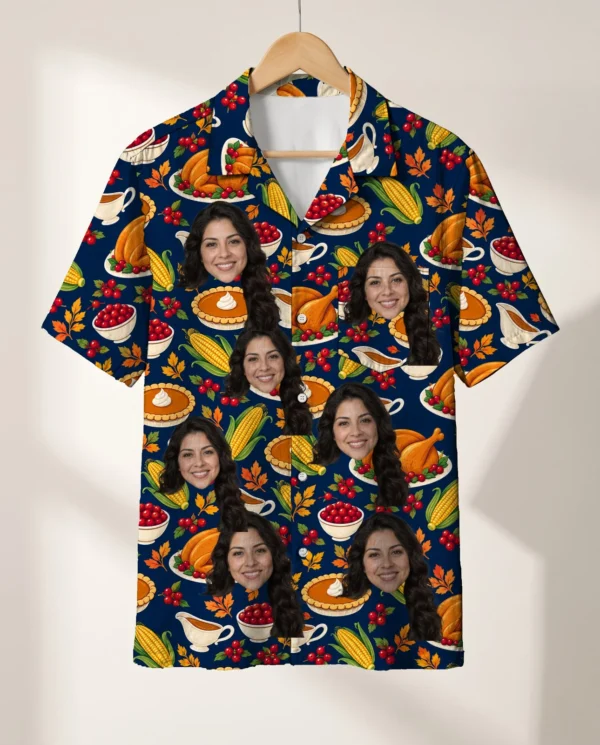 Thanksgiving Feast Hawaiian Shirt personalized with faces, on a hanger