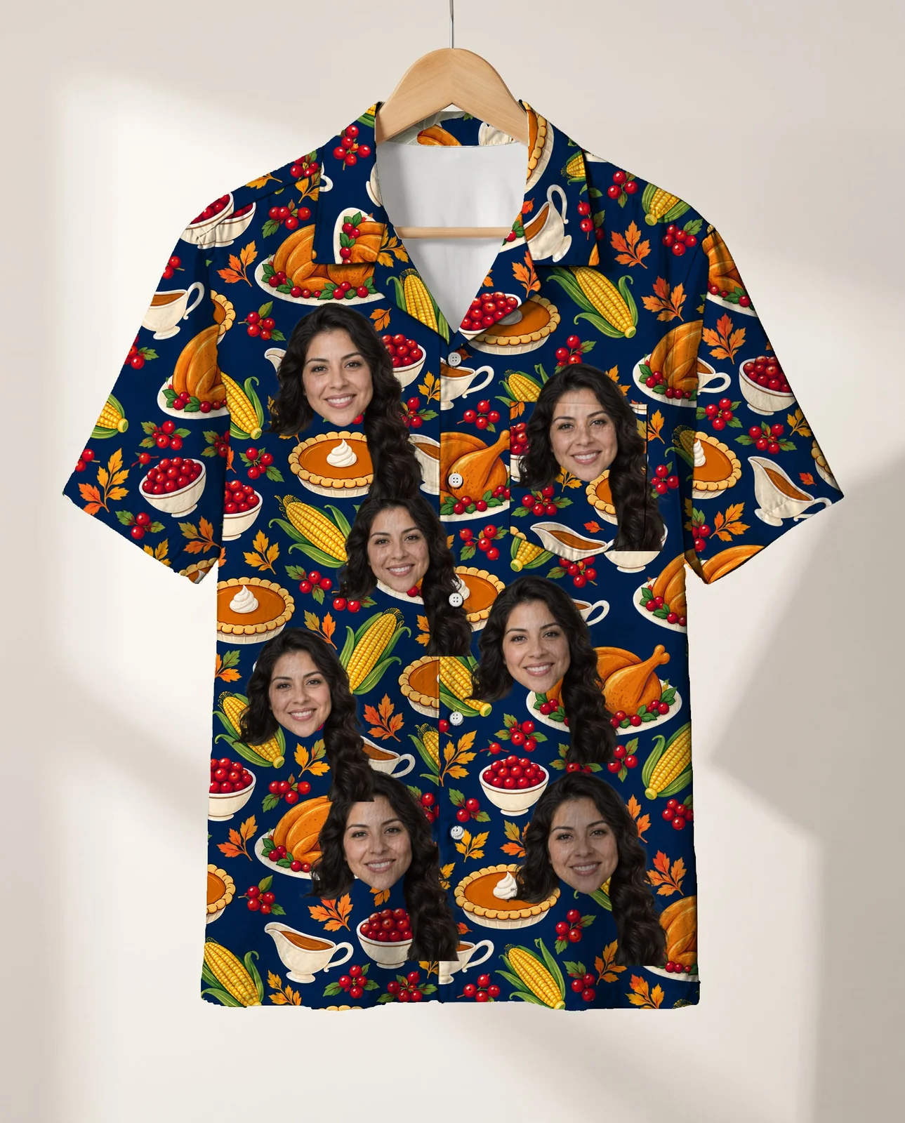 Thanksgiving Feast Hawaiian Shirt personalized with faces, on a hanger Thanksgiving Feast Hawaiian Shirt personalized with faces, on a hanger