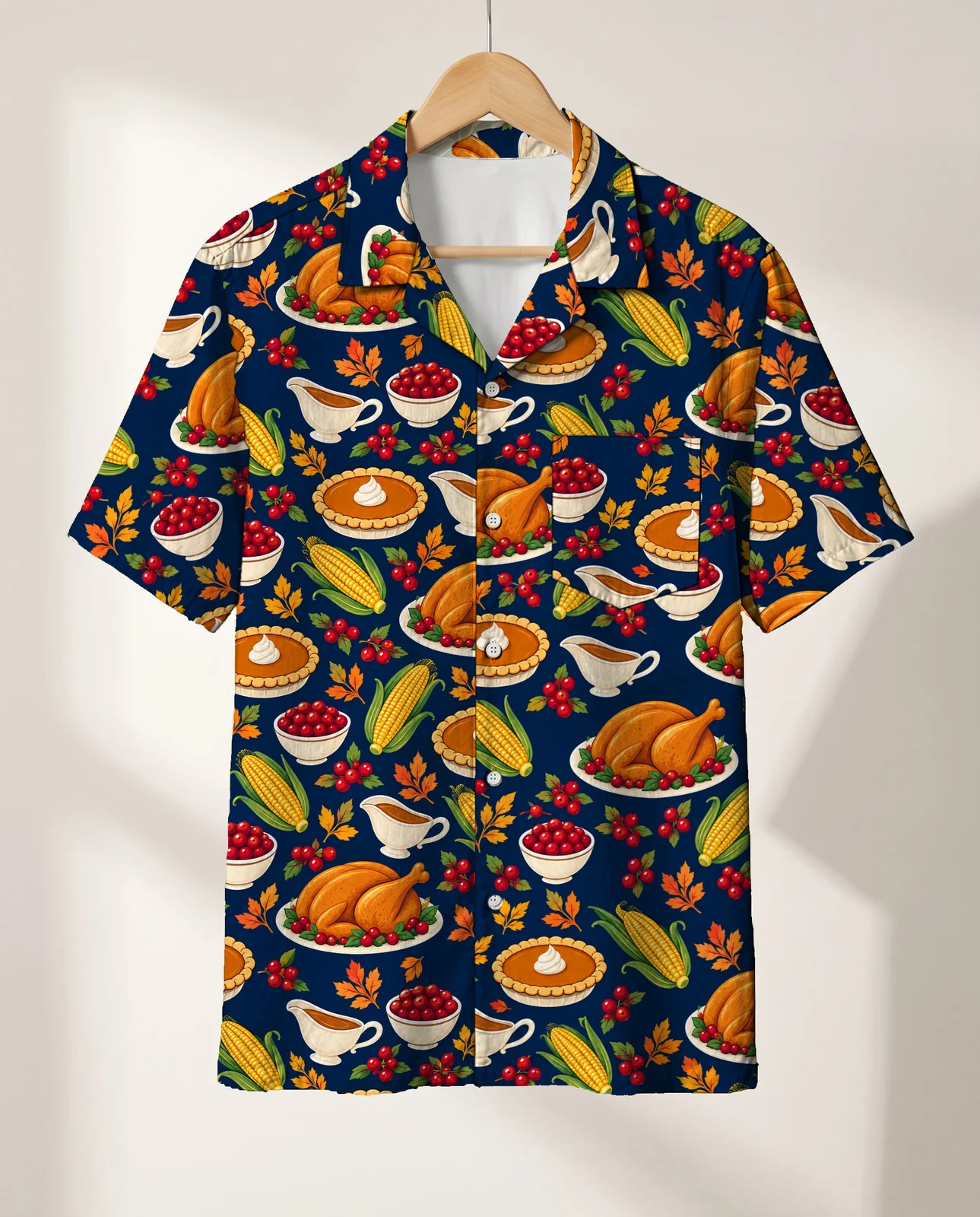 Thanksgiving Feast Hawaiian Shirt on a hanger Thanksgiving Feast Hawaiian Shirt on a hanger
