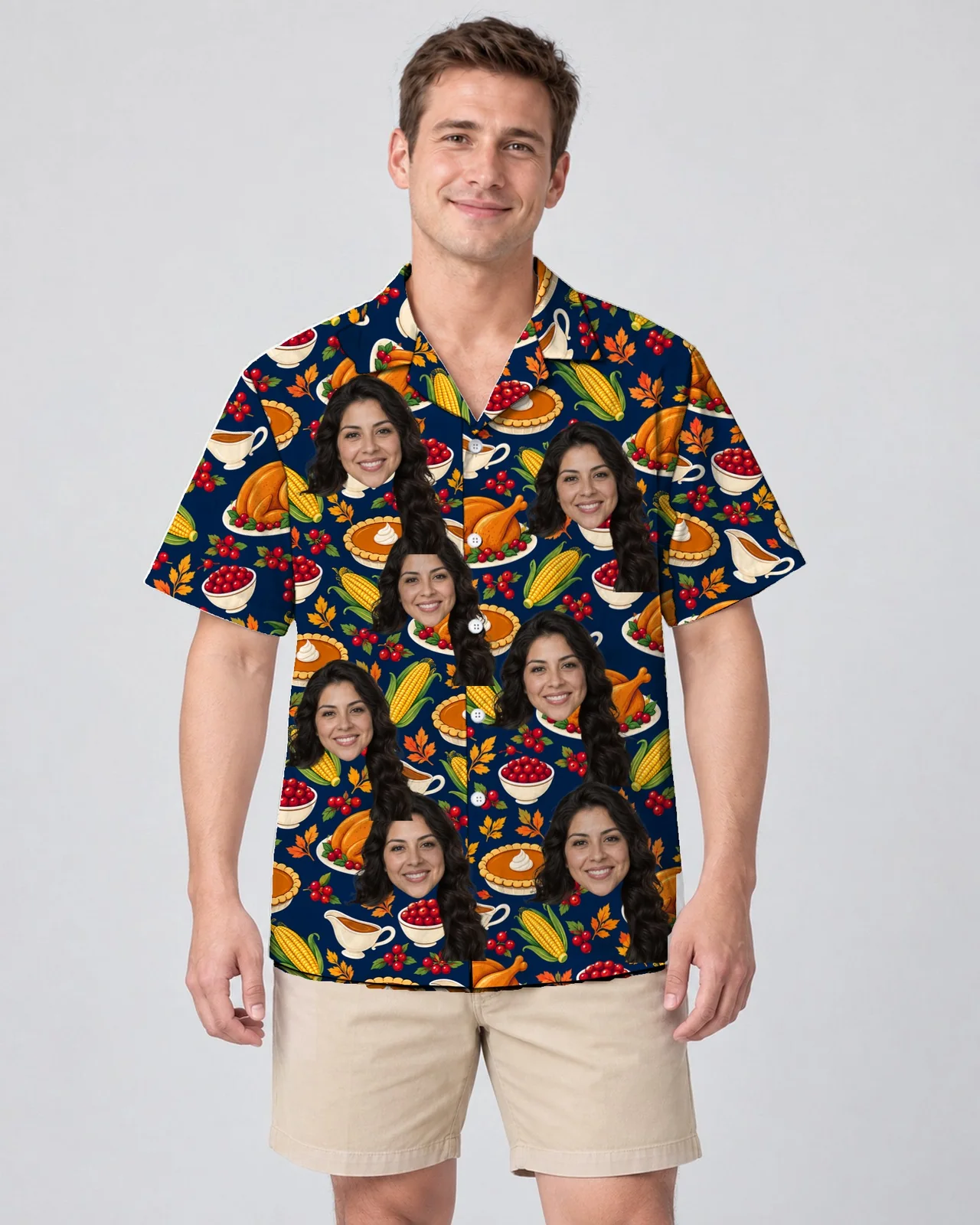 Man wearing the Thanksgiving Feast Hawaiian Shirt with custom faces Man wearing the Thanksgiving Feast Hawaiian Shirt with custom faces