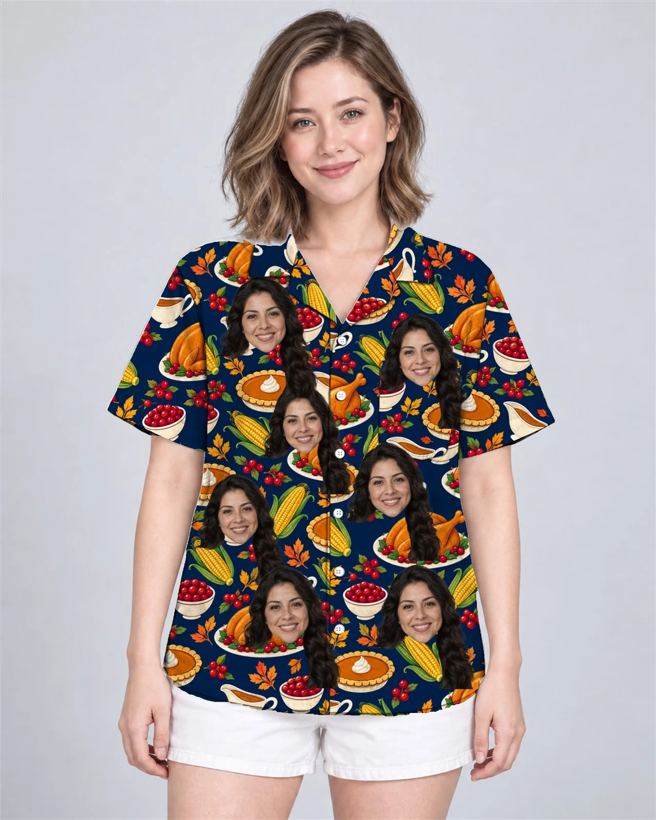 Woman wearing the Thanksgiving Feast Hawaiian Shirt with custom faces Woman wearing the Thanksgiving Feast Hawaiian Shirt with custom faces