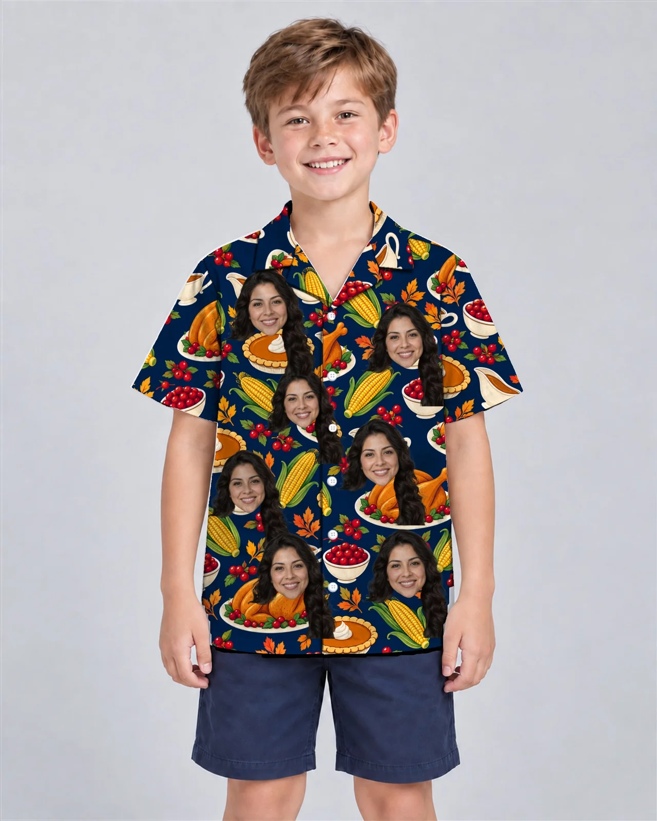 Kid wearing the Thanksgiving Feast Hawaiian Shirt with custom faces Kid wearing the Thanksgiving Feast Hawaiian Shirt with custom faces