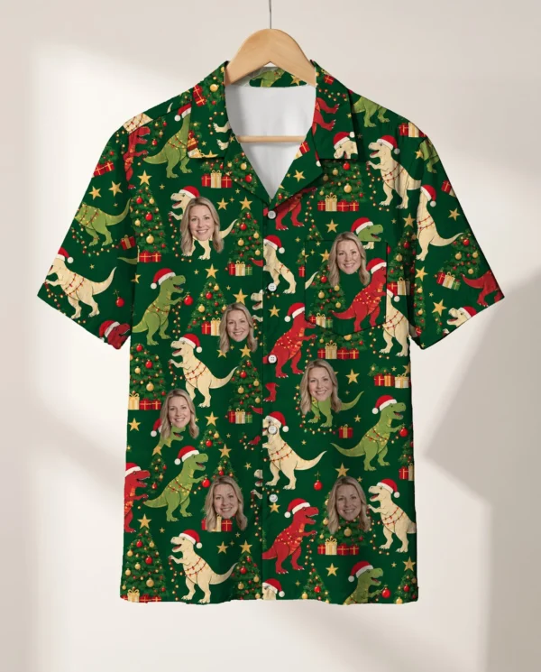 Tree Rex Dinosaur Christmas Hawaiian Shirt personalized with faces, on a hanger