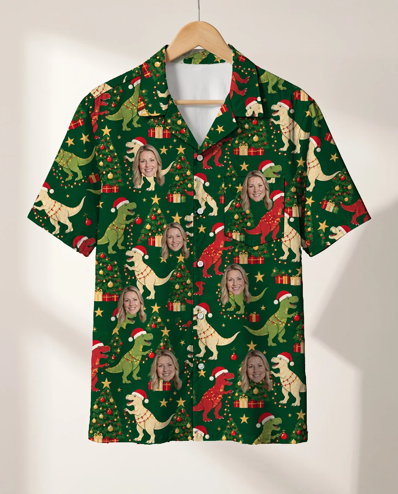Tree Rex Dinosaur Christmas Hawaiian Shirt personalized with faces, on a hanger Tree Rex Dinosaur Christmas Hawaiian Shirt personalized with faces, on a hanger