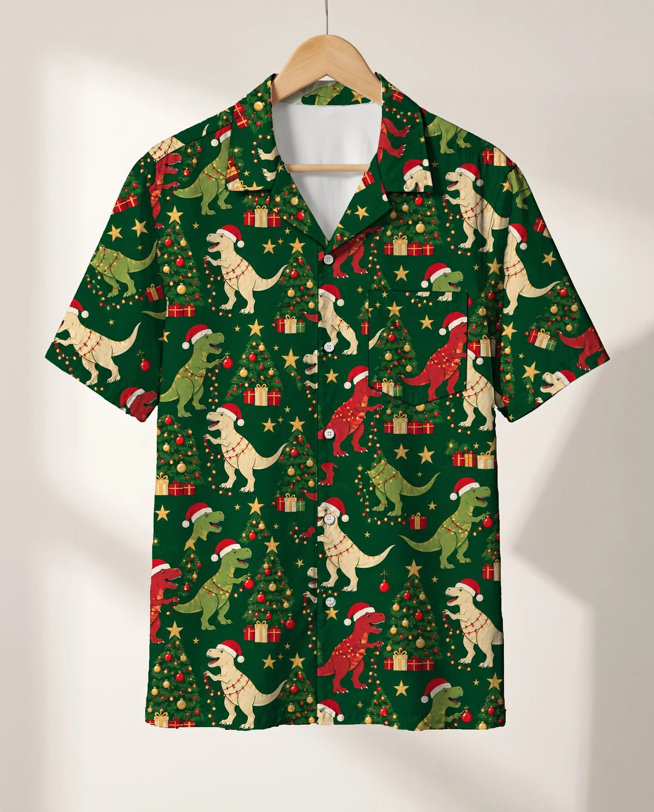 Tree Rex Dinosaur Christmas Hawaiian Shirt on a hanger Tree Rex Dinosaur Christmas Hawaiian Shirt on a hanger