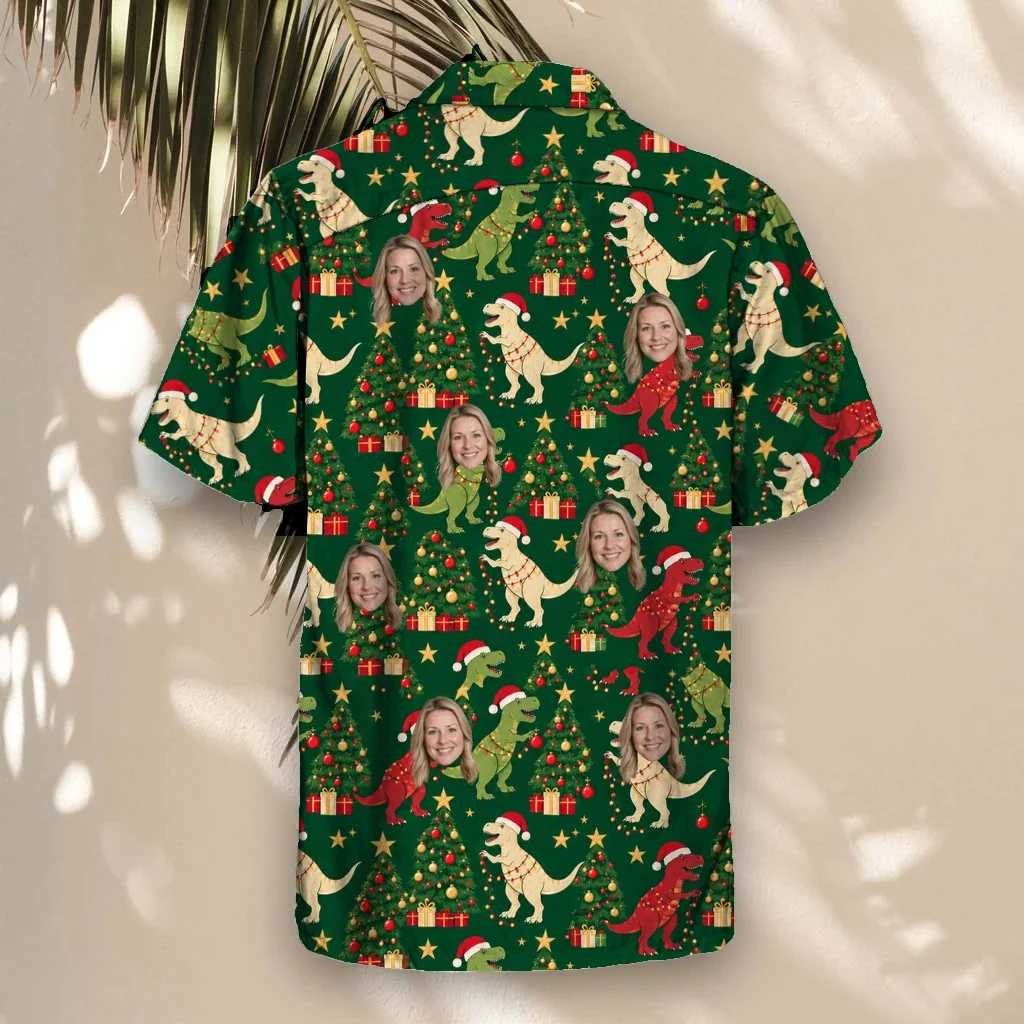Back of the Tree Rex Dinosaur Christmas Hawaiian Shirt with custom faces Back of the Tree Rex Dinosaur Christmas Hawaiian Shirt with custom faces