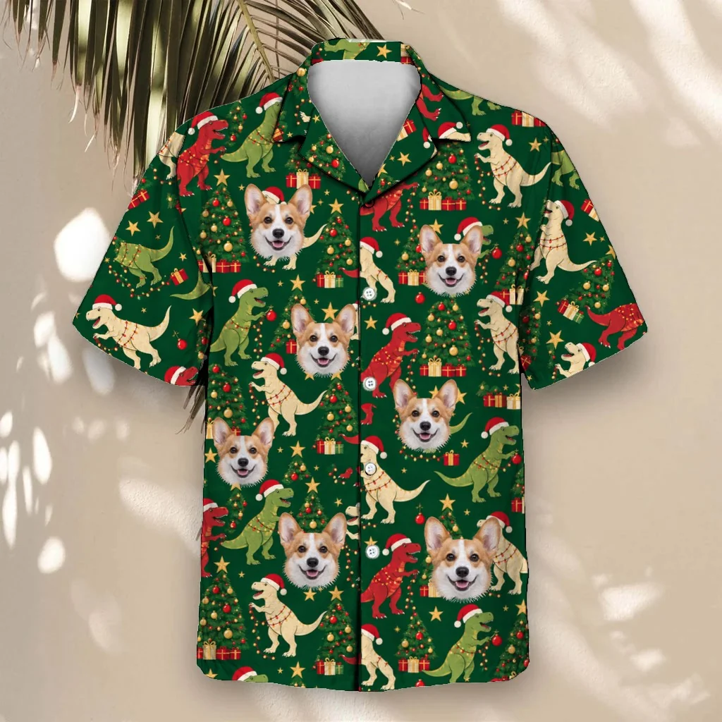 Tree Rex Dinosaur Christmas Hawaiian Shirt with custom pet faces Tree Rex Dinosaur Christmas Hawaiian Shirt with custom pet faces