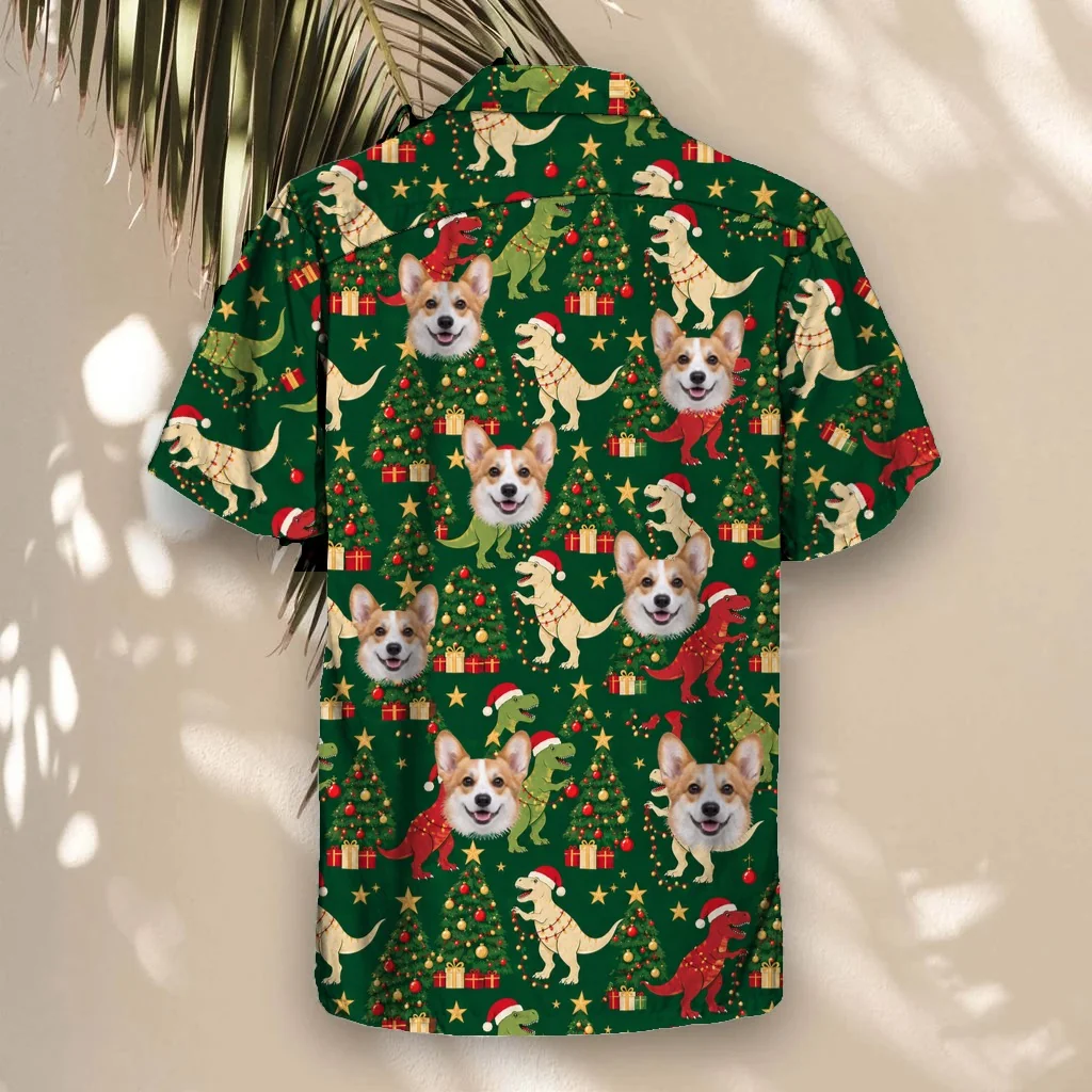 Back of the Tree Rex Dinosaur Christmas Hawaiian Shirt with custom pet faces Back of the Tree Rex Dinosaur Christmas Hawaiian Shirt with custom pet faces