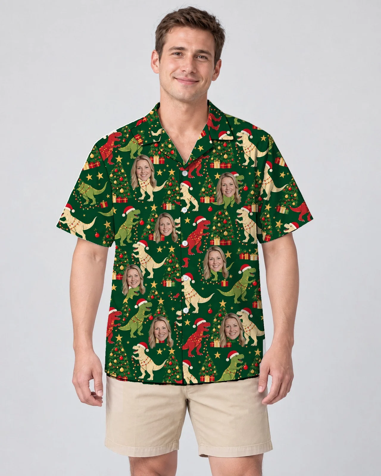Man wearing the Tree Rex Dinosaur Christmas Hawaiian Shirt with custom faces Man wearing the Tree Rex Dinosaur Christmas Hawaiian Shirt with custom faces