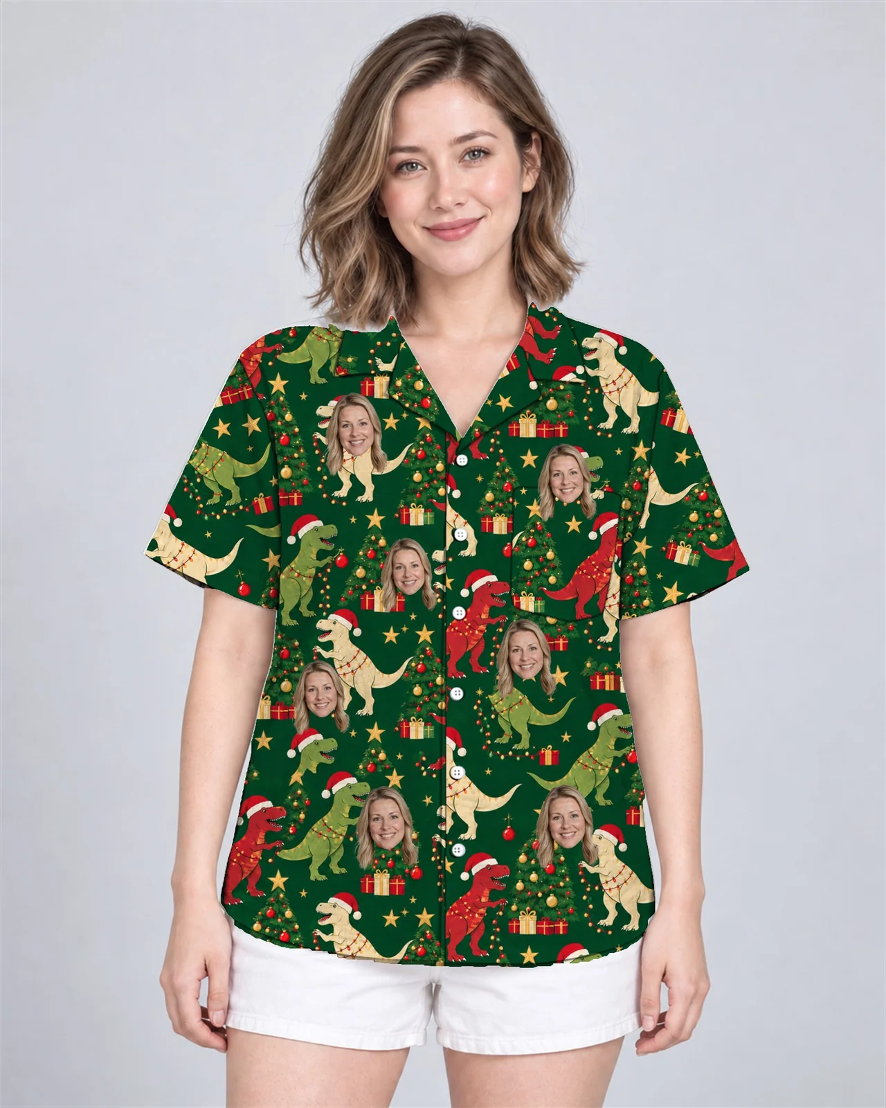 Woman wearing the Tree Rex Dinosaur Christmas Hawaiian Shirt with custom faces Woman wearing the Tree Rex Dinosaur Christmas Hawaiian Shirt with custom faces