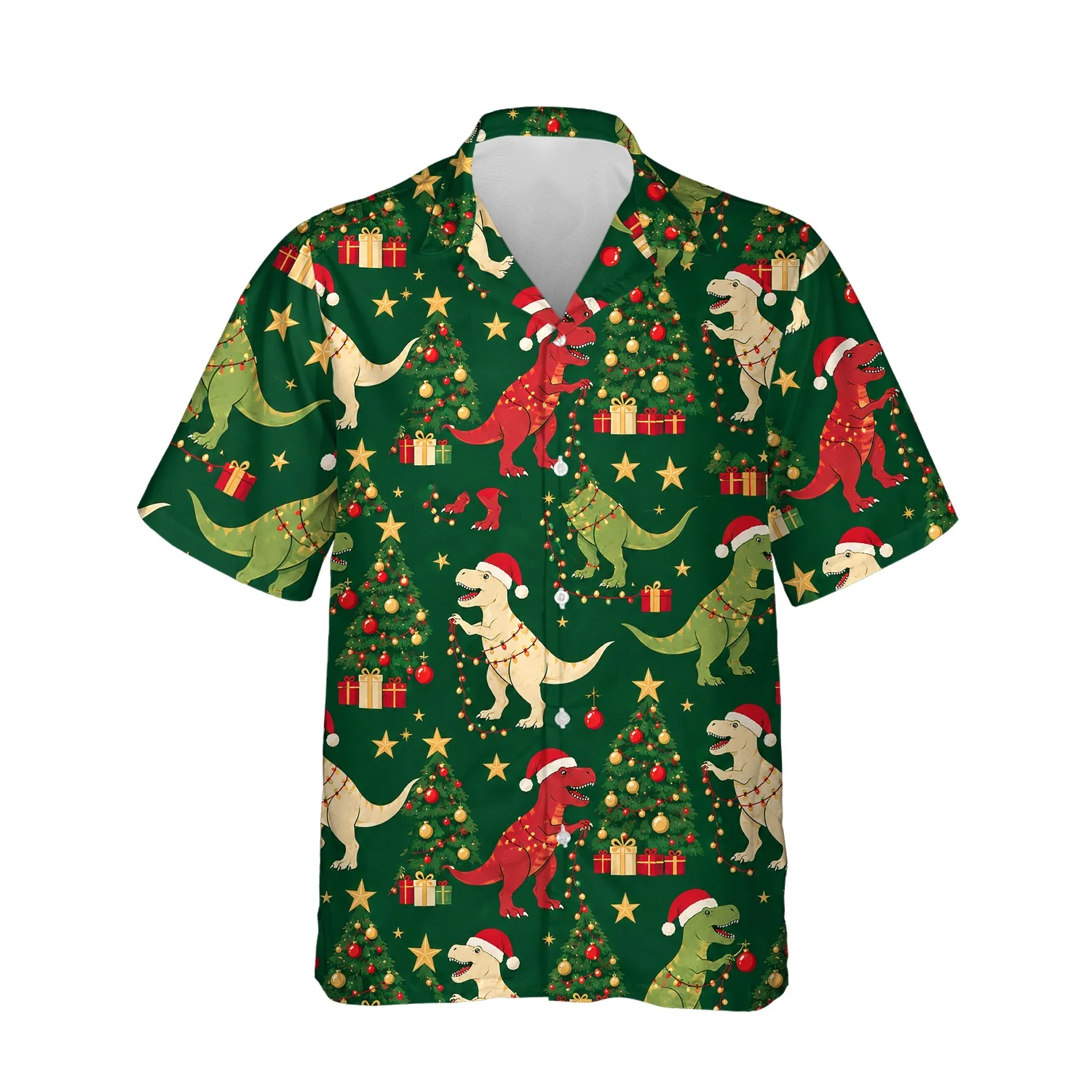 Tree Rex Dinosaur Christmas Hawaiian Shirt, front view of the print Tree Rex Dinosaur Christmas Hawaiian Shirt, front view of the print