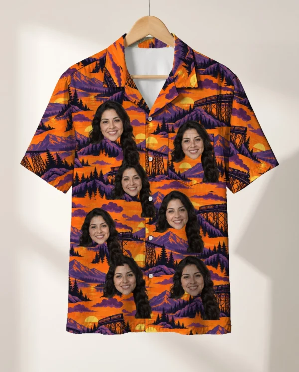 Trestle Bridge Train Hawaiian Shirt personalized with faces, on a hanger