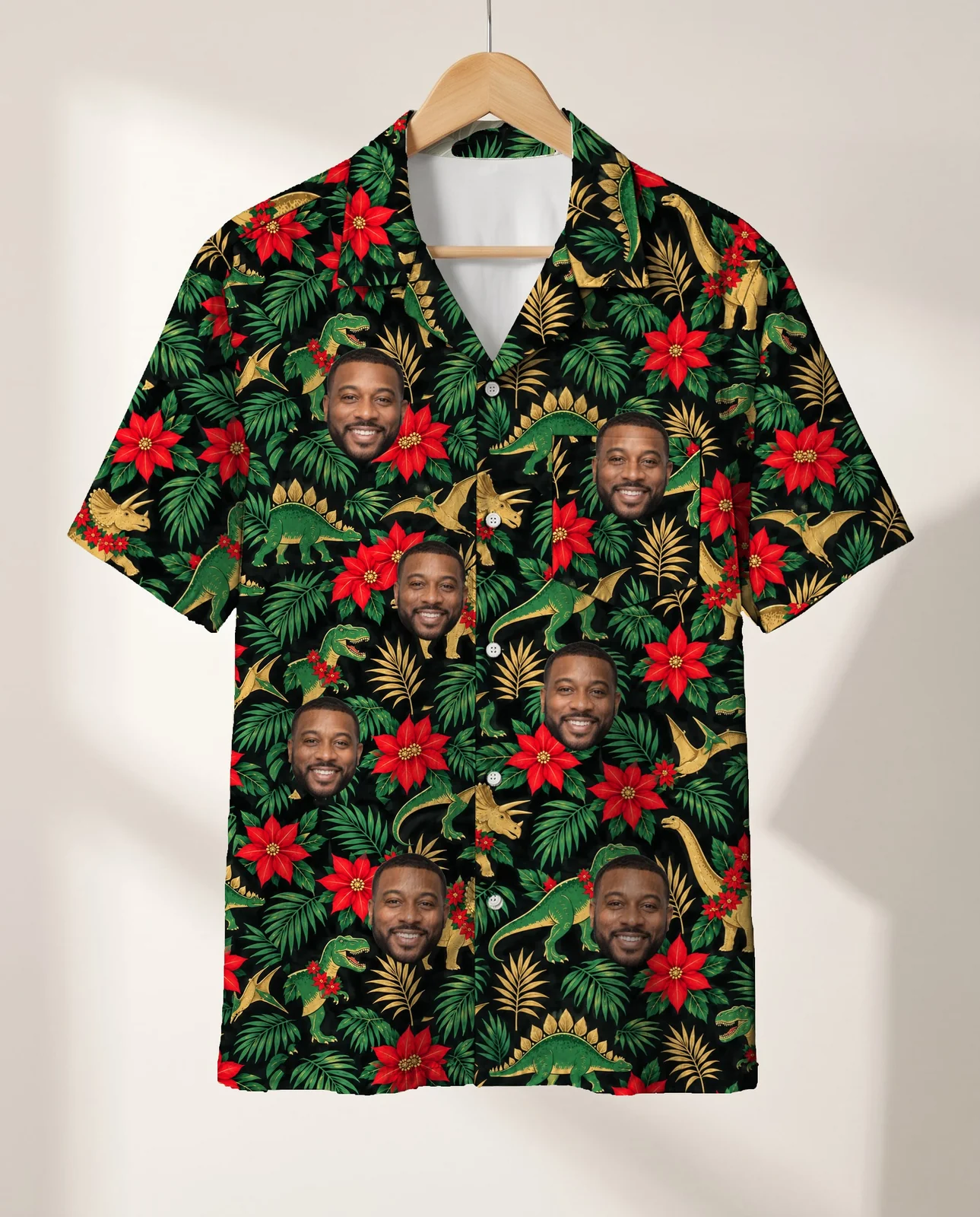 Tropical Dino Christmas Hawaiian Shirt personalized with faces, on a hanger Tropical Dino Christmas Hawaiian Shirt personalized with faces, on a hanger