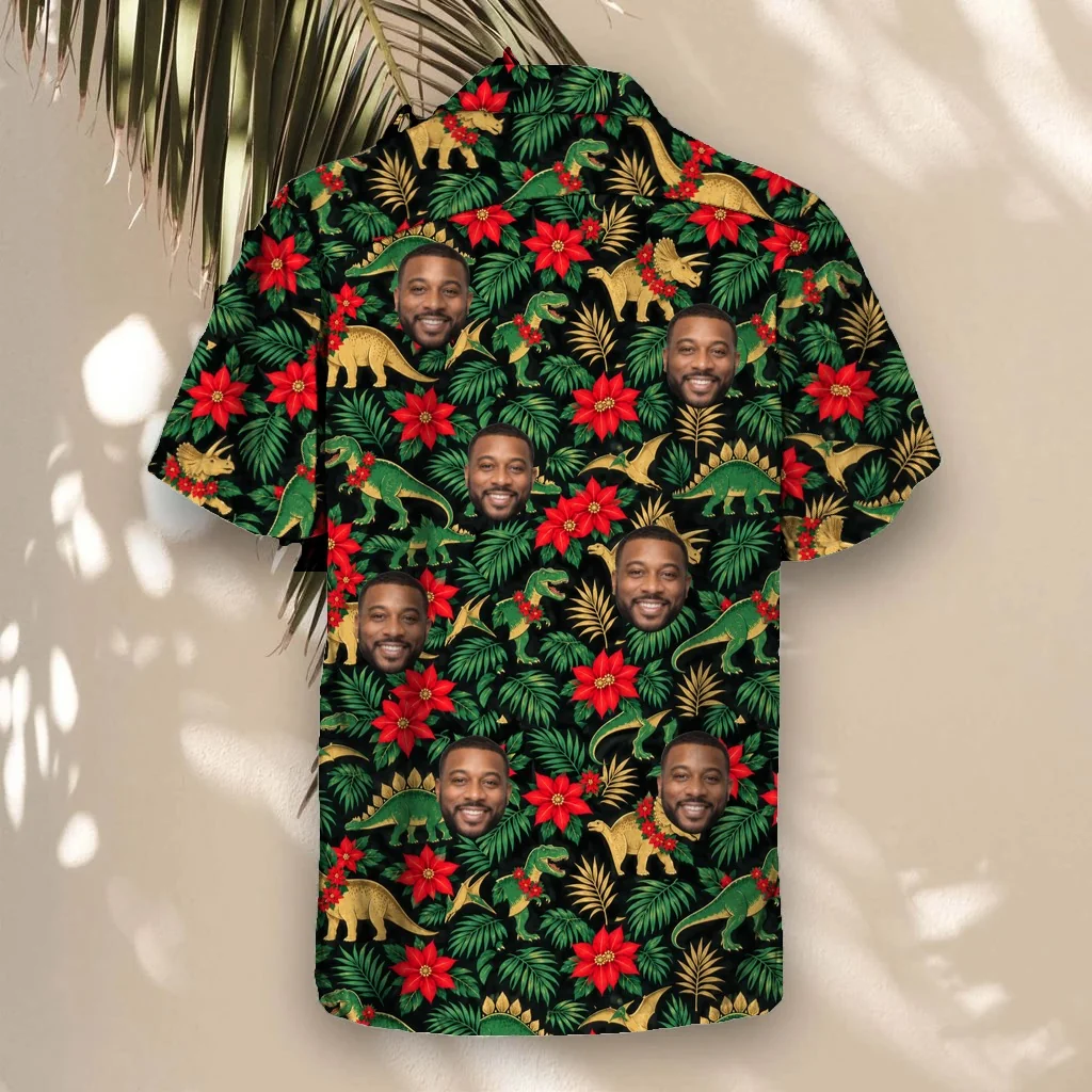 Back of the Tropical Dino Christmas Hawaiian Shirt with custom faces Back of the Tropical Dino Christmas Hawaiian Shirt with custom faces